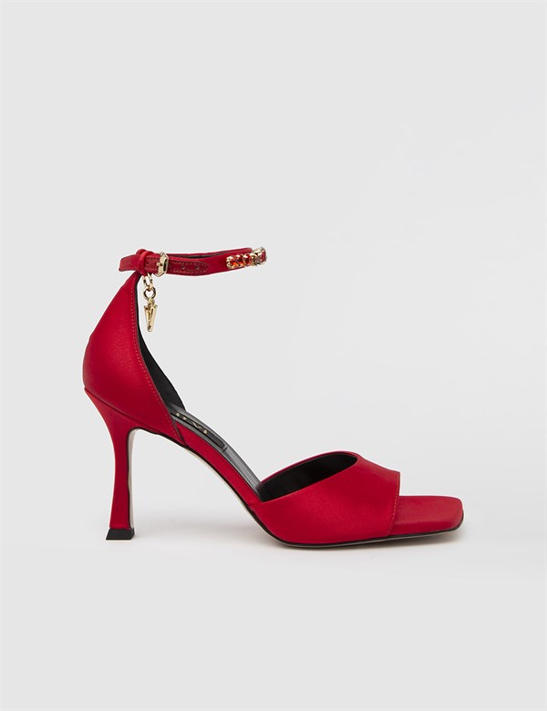 Rian Saten Hakiki Deri Kadın Kırmızı Topuklu Sandalet
