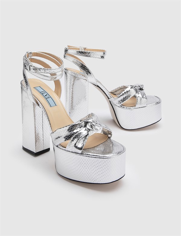 Alcott Silver Leather Women's Heeled Sandal with Snake Print