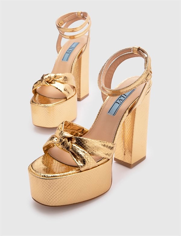 Alcott Gold Leather Women's Heeled Sandal with Snake Print