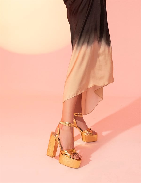 Alcott Gold Leather Women's Heeled Sandal with Snake Print