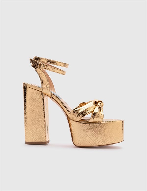 Alcott Gold Leather Women's Heeled Sandal with Snake Print