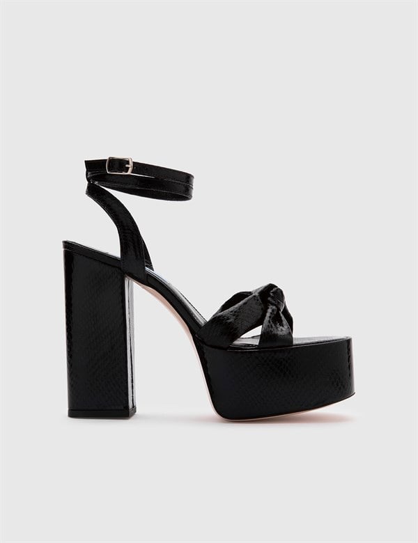 Alcott Black Leather Women's Heeled Sandal with Snake Print