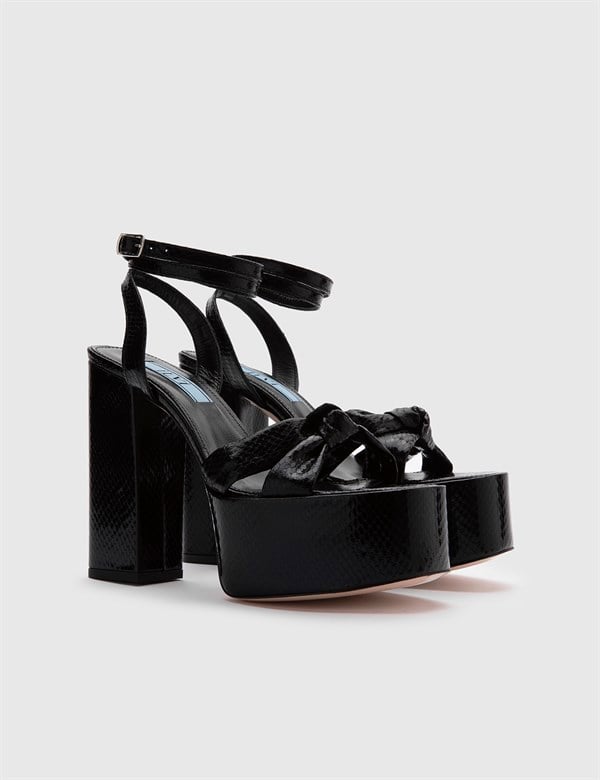 Alcott Black Leather Women's Heeled Sandal with Snake Print