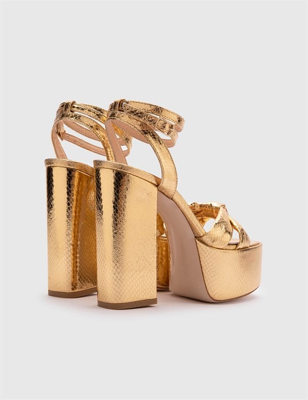 Alcott Gold Leather Women's Heeled Sandal with Snake Print