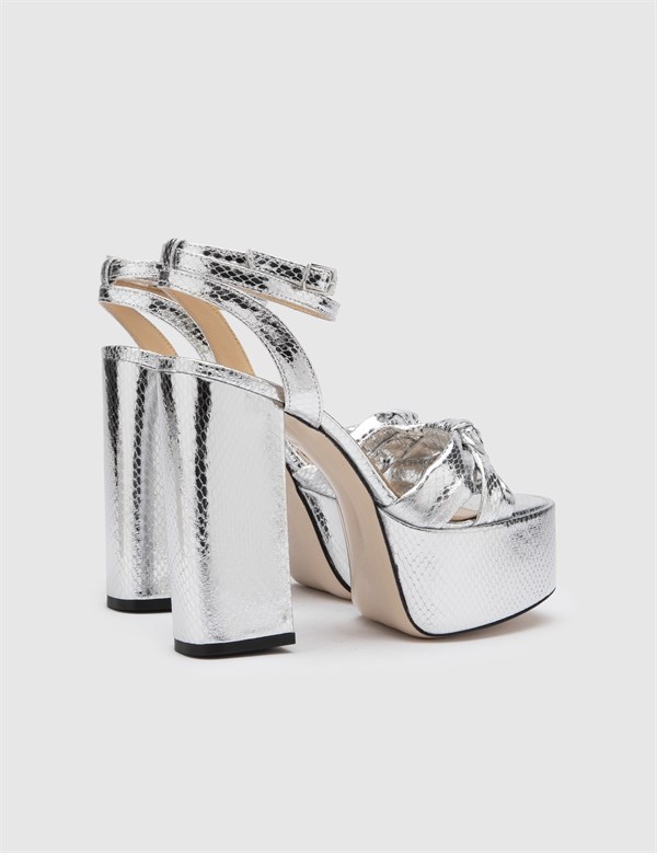 Alcott Silver Leather Women's Heeled Sandal with Snake Print
