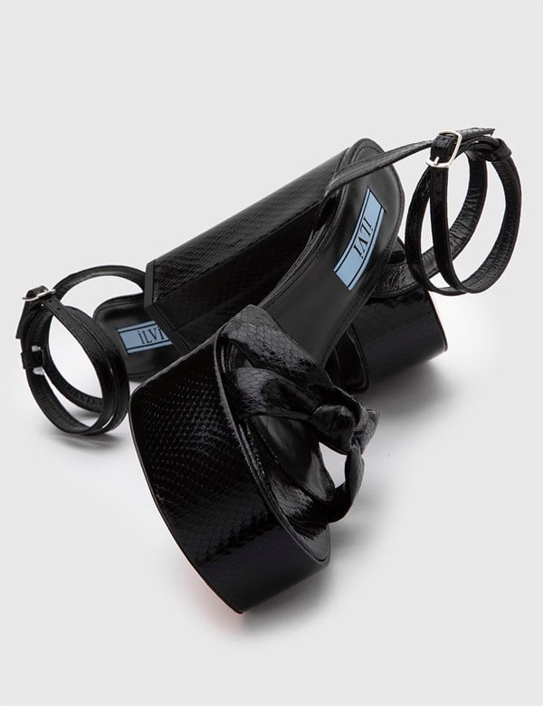 Alcott Black Leather Women's Heeled Sandal with Snake Print