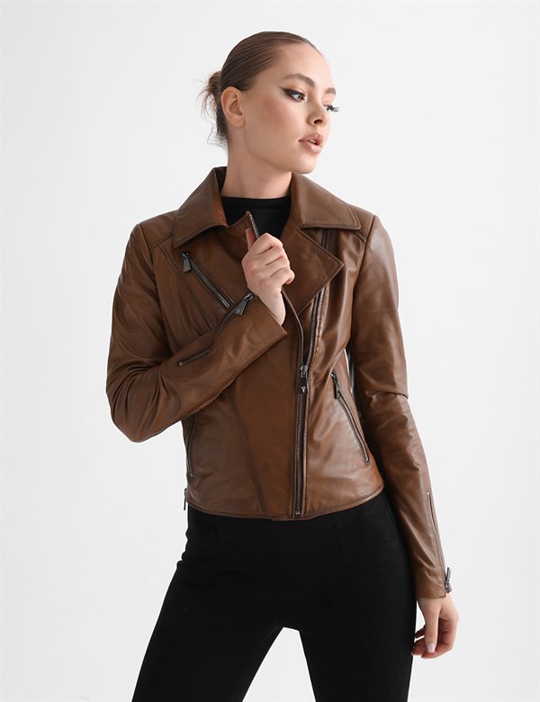 Aliane Reddish Brown Leather Women's Biker Jacket