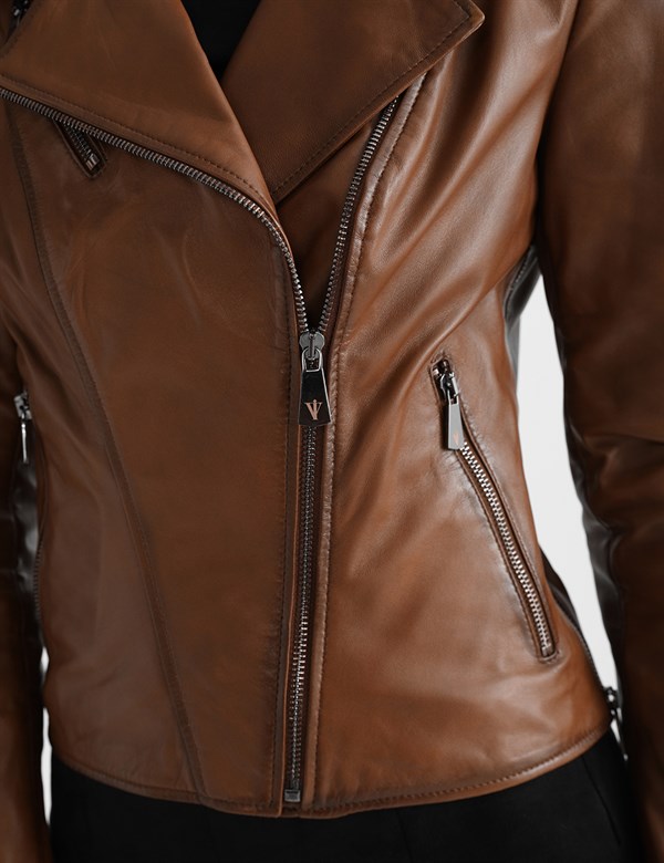 Aliane Reddish Brown Leather Women's Biker Jacket