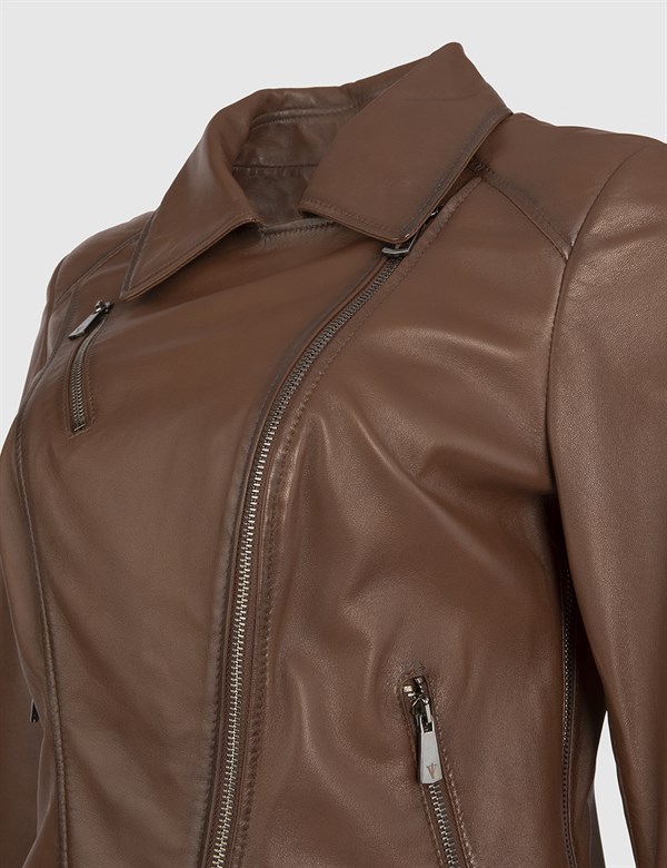 Aliane Reddish Brown Leather Women's Biker Jacket