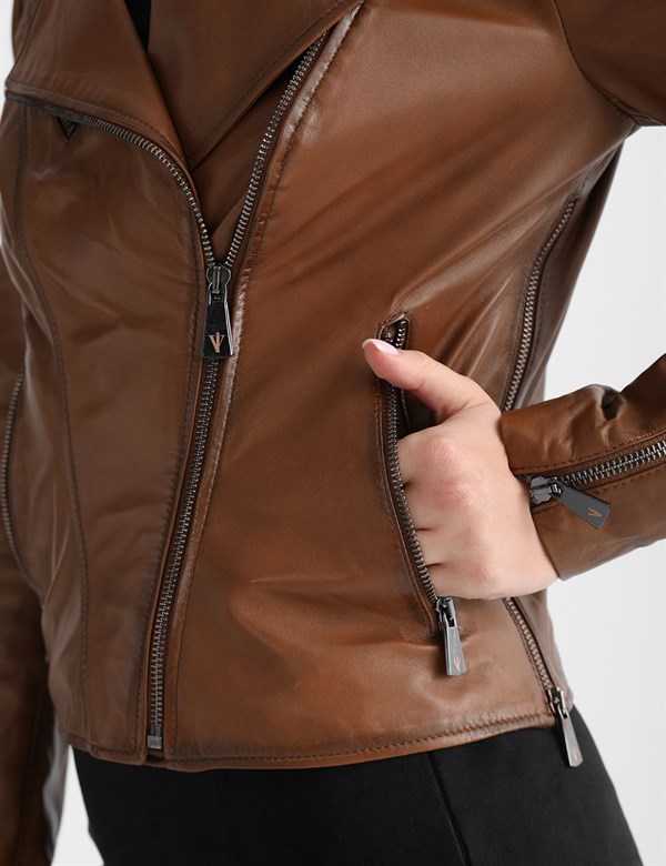 Aliane Reddish Brown Leather Women's Biker Jacket