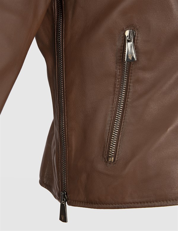 Aliane Reddish Brown Leather Women's Biker Jacket