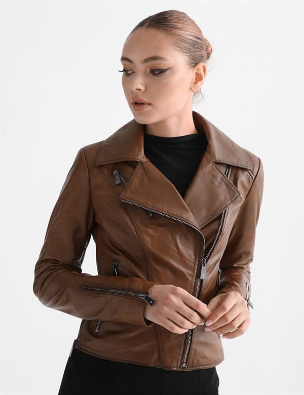 Aliane Reddish Brown Leather Women's Biker Jacket