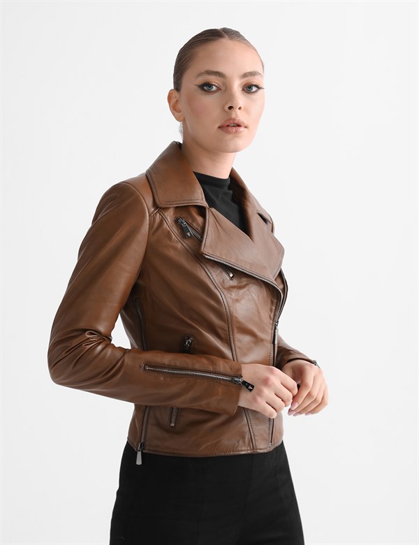 Aliane Reddish Brown Leather Women's Biker Jacket