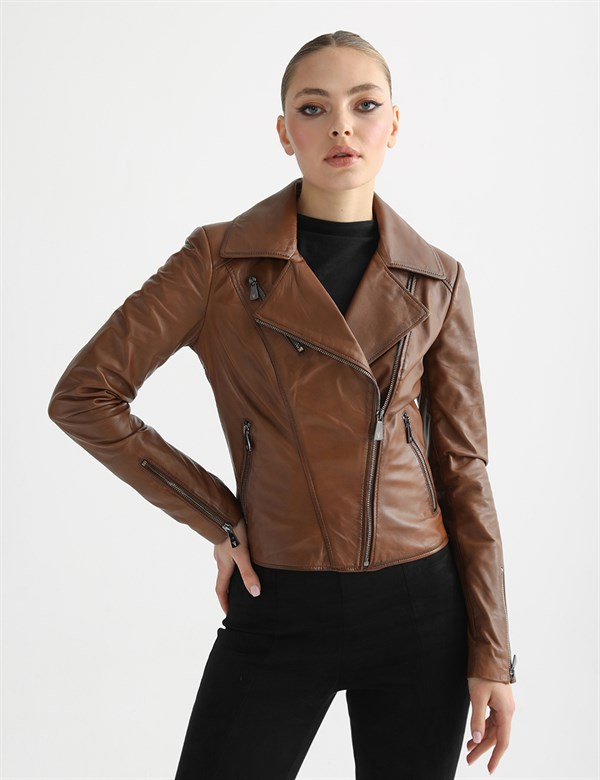 Aliane Reddish Brown Leather Women's Biker Jacket