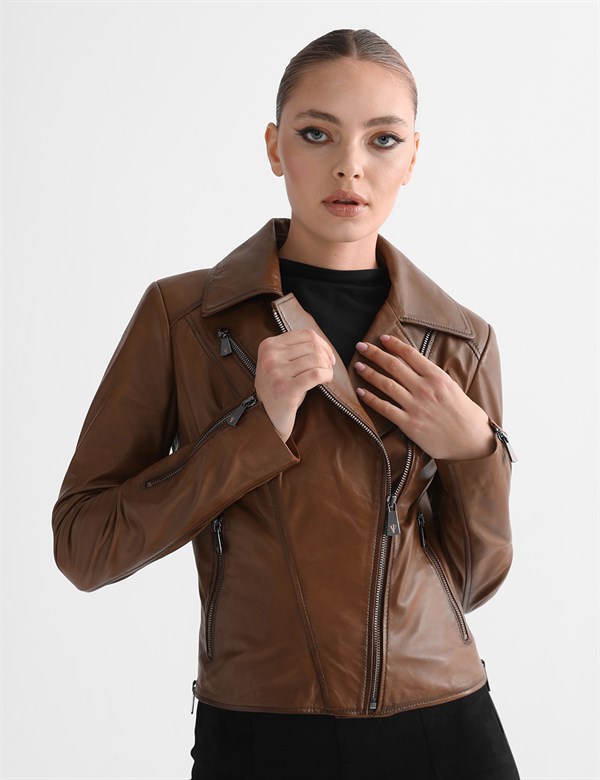 Aliane Reddish Brown Leather Women's Biker Jacket