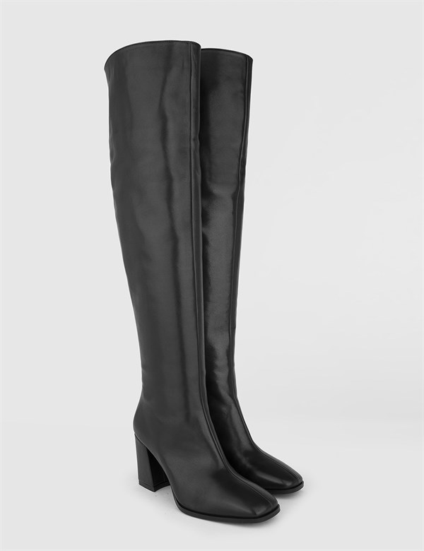 Alvarita Black Leather Women's Heeled High Boot