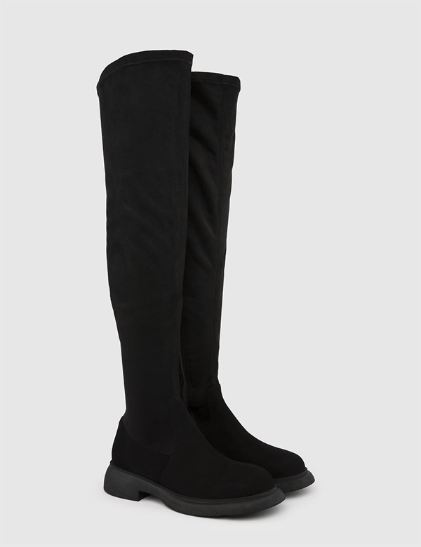 Asal Black Suede Leather Women's Stretch High Boot