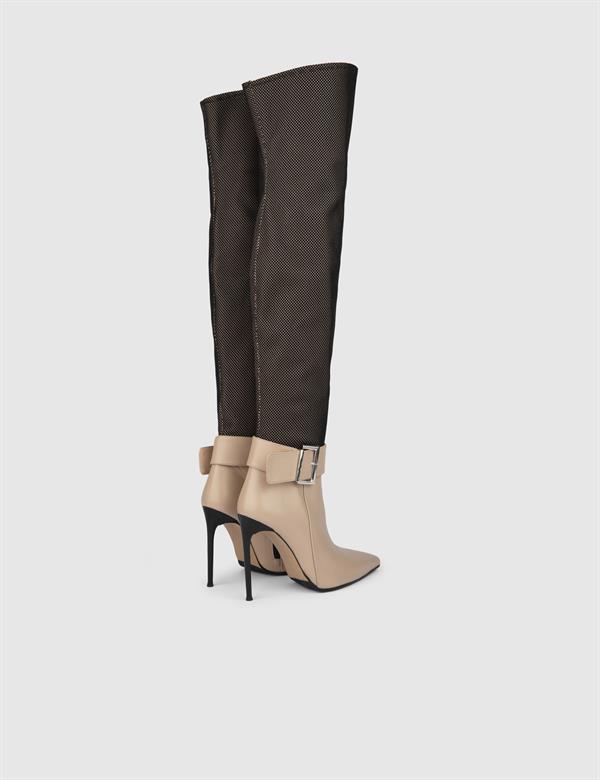Asmunt Beige Leather-Mesh Women's Heeled High Boot