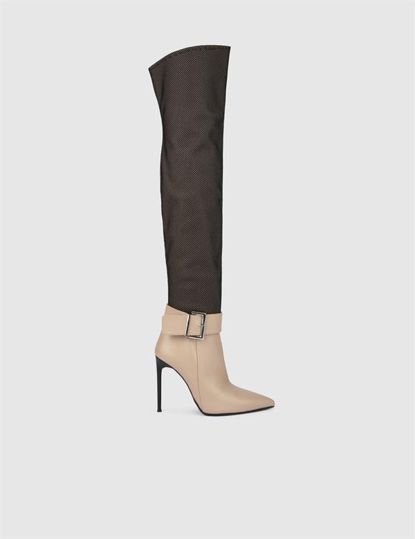 Asmunt Beige Leather-Mesh Women's Heeled High Boot