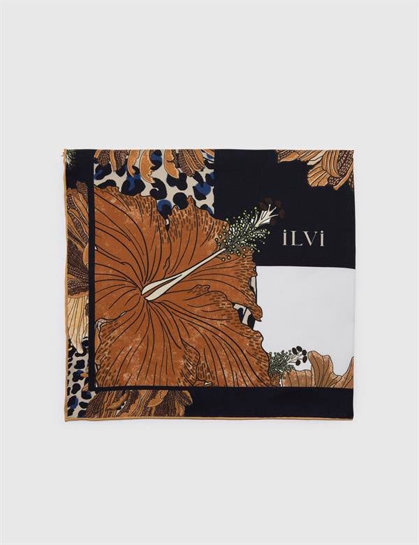 Aster Navy Blue-Brown Silk Twill Women's Scarf