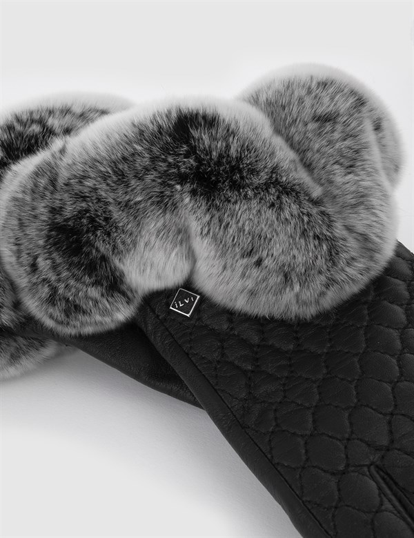 Asvoria Black Women's Leather Gloves with Grey Fur