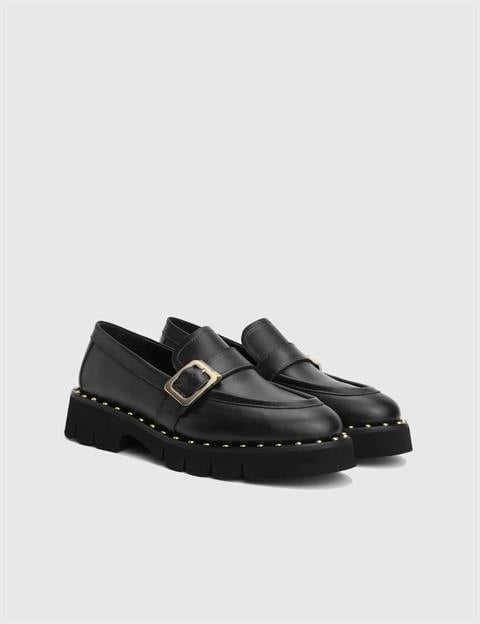 Avilia Hakiki Deri Siyah Kadın Loafer Ayakkabı