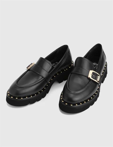 Avilia Hakiki Deri Siyah Kadın Loafer Ayakkabı