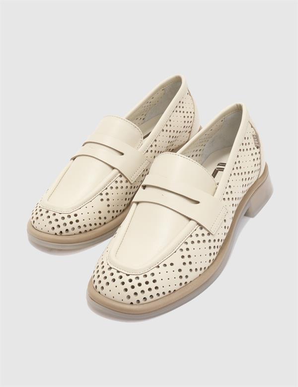 Balintoni Hakiki Deri Kadın Krem Loafer Ayakkabı