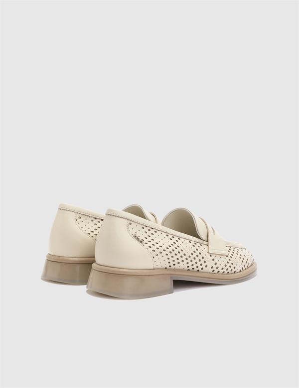 Balintoni Hakiki Deri Kadın Krem Loafer Ayakkabı