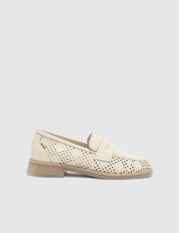 Balintoni Hakiki Deri Kadın Krem Loafer Ayakkabı