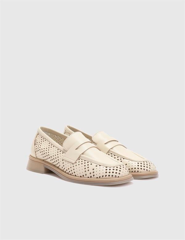 Balintoni Hakiki Deri Kadın Krem Loafer Ayakkabı
