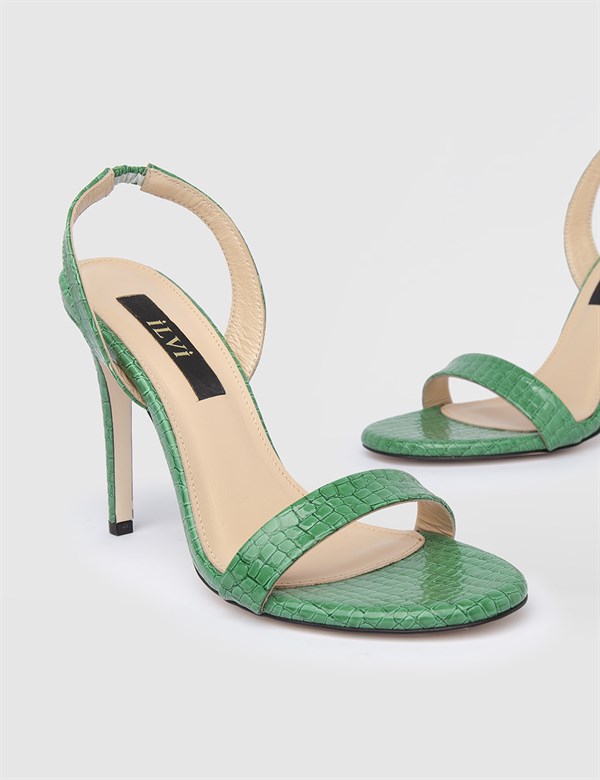 Barclay Hakiki Kroko Deri Kadın Yeşil Topuklu Sandalet
