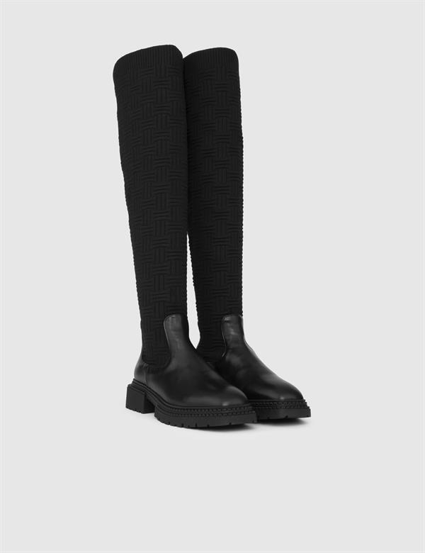 Benidorm Black Leather-Fabric Women's High Boot
