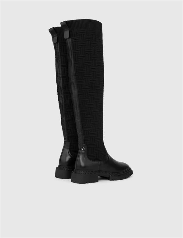 Benidorm Black Leather-Fabric Women's High Boot