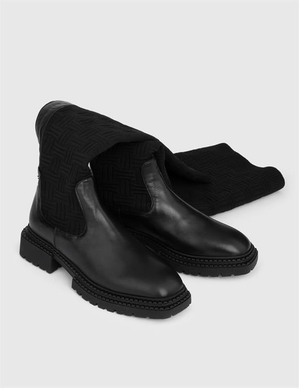 Benidorm Black Leather-Fabric Women's High Boot