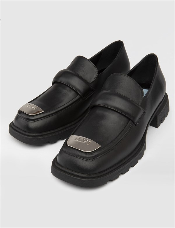 Berra Hakiki Deri Kadın Siyah Loafer Ayakkabı