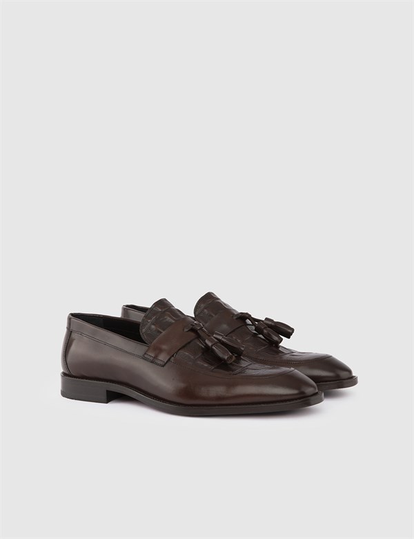 Bestla Saddle Brown Antique Leather Men's Classic Shoe with Crocodile Print