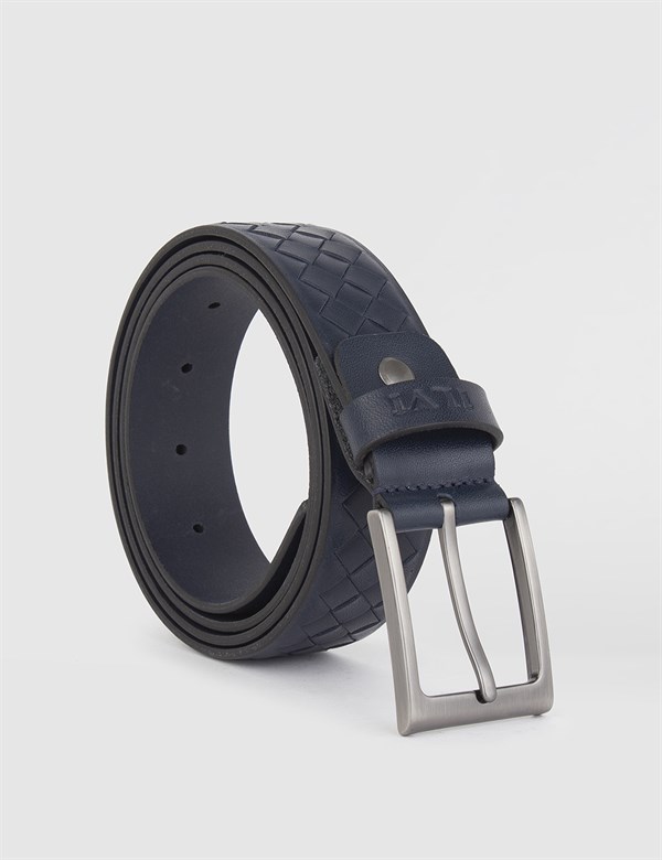 Bhaic Navy Blue Leather Woven Men's Belt