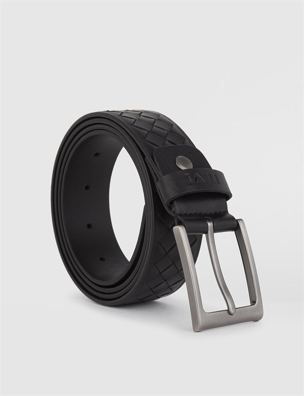Bhaic Black Leather Woven Men's Belt