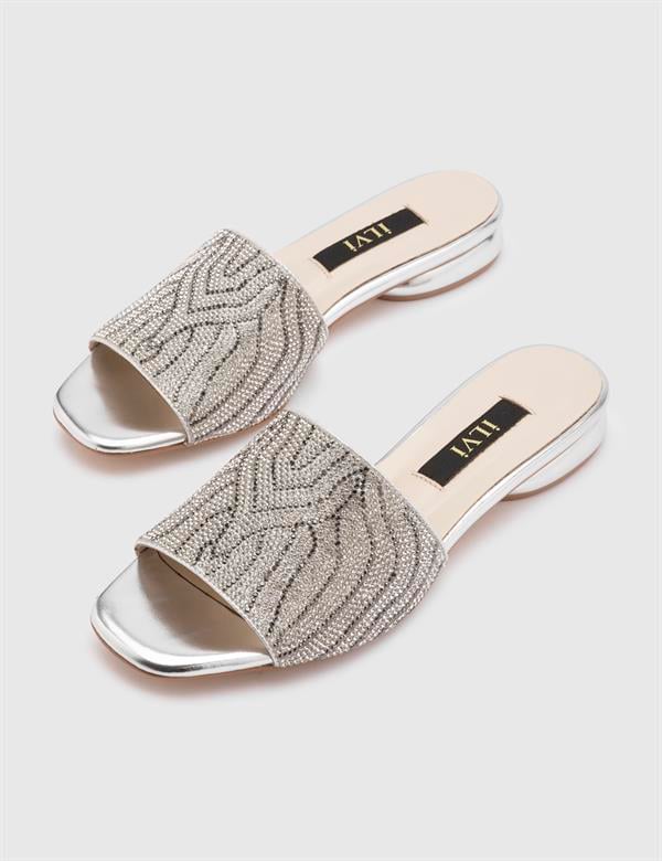 Boday Silver Leather Women's Slide with Stones
