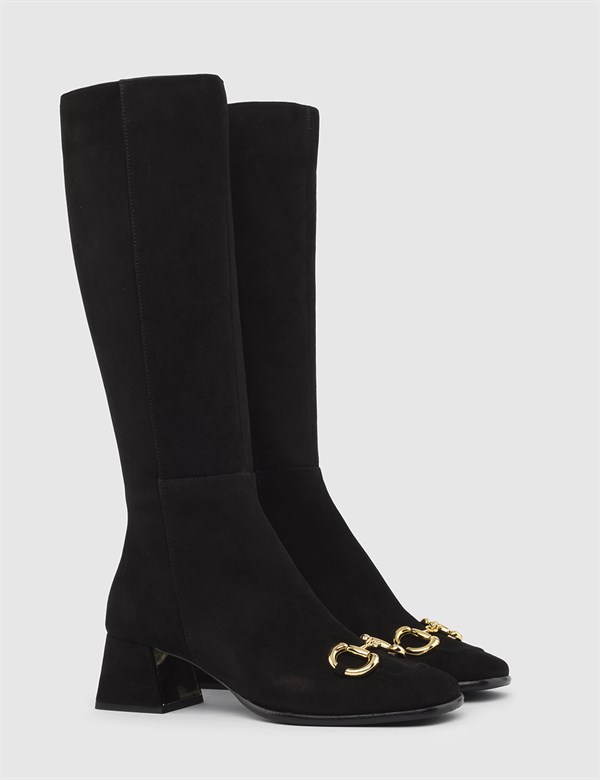 Botik Black Suede Leather Women's Heeled High Boot