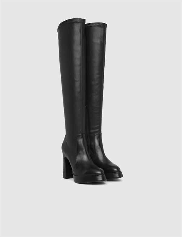 Brisa Black Leather Women's Heeled Stretch High Boot
