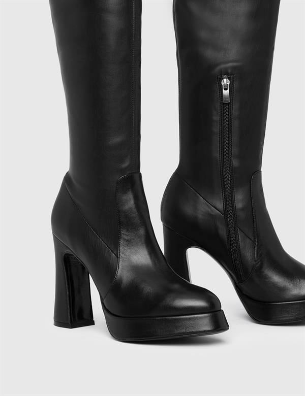 Brisa Black Leather Women's Heeled Stretch High Boot
