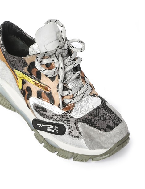 Busat Women's Sneaker Grey-Metallic Silver-Grey Snake-Leopard
