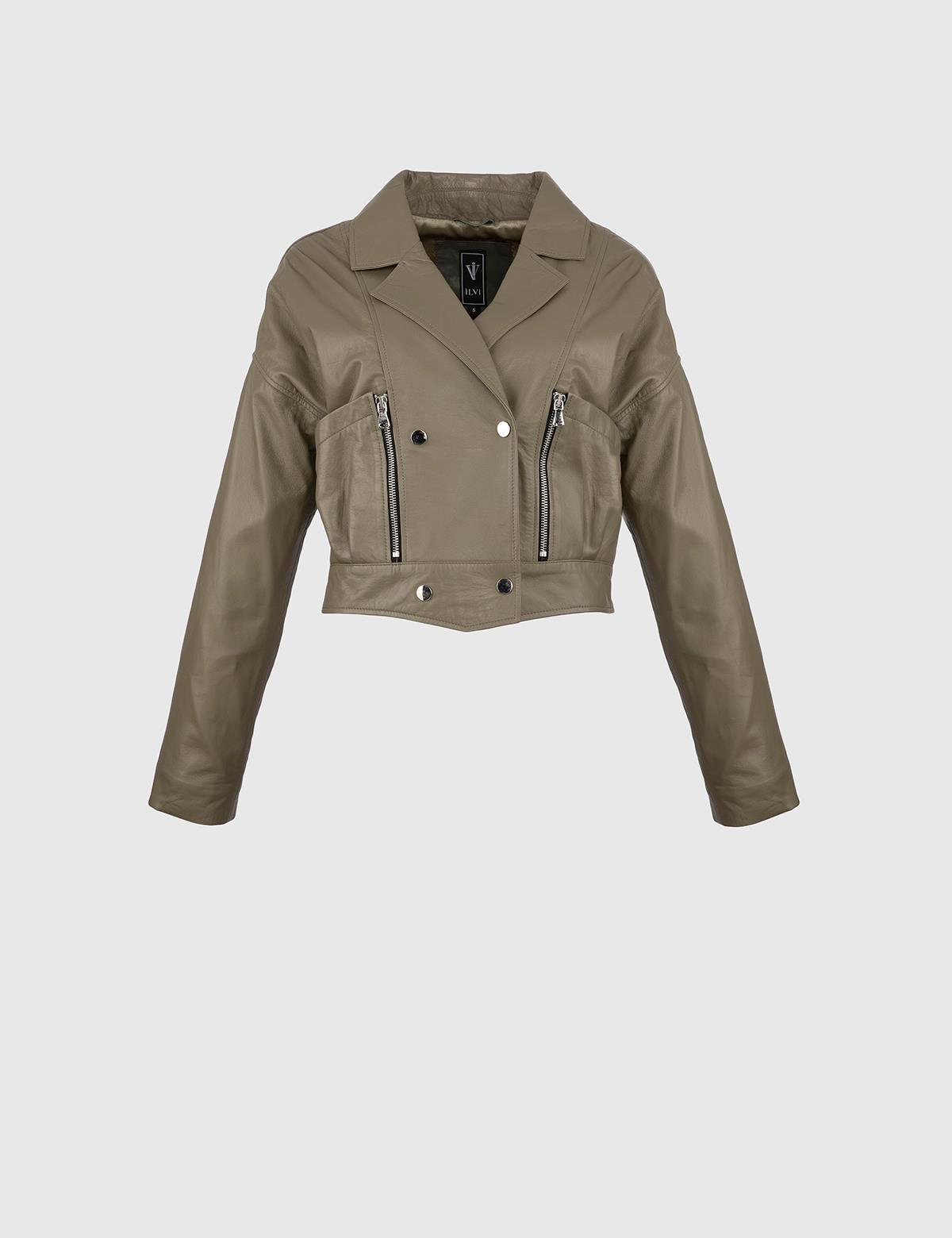 Albin Light Khaki Women's Leather Crop Jacket - İLVİ