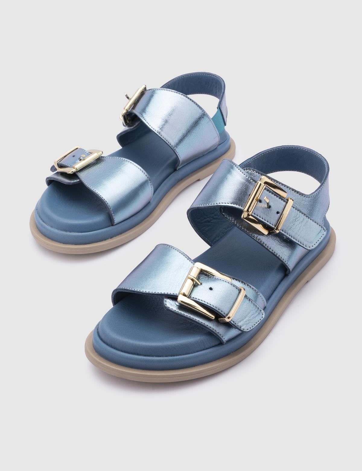 Pale Blue Leather Strappy Flat Sandals | New Look