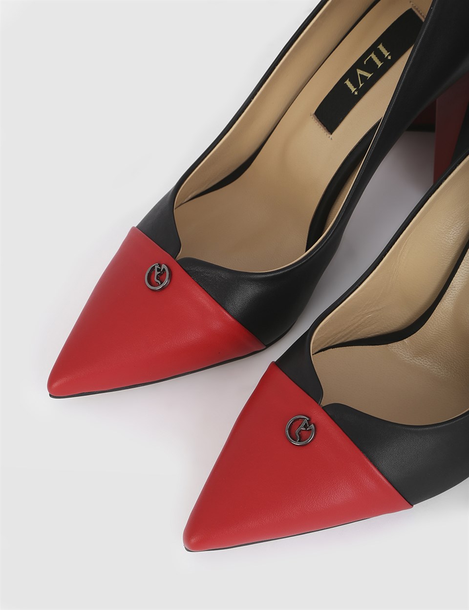 Esna Hakiki Deri Kadın Kırmızı Siyah Topuklu Ayakkabı - iLVi