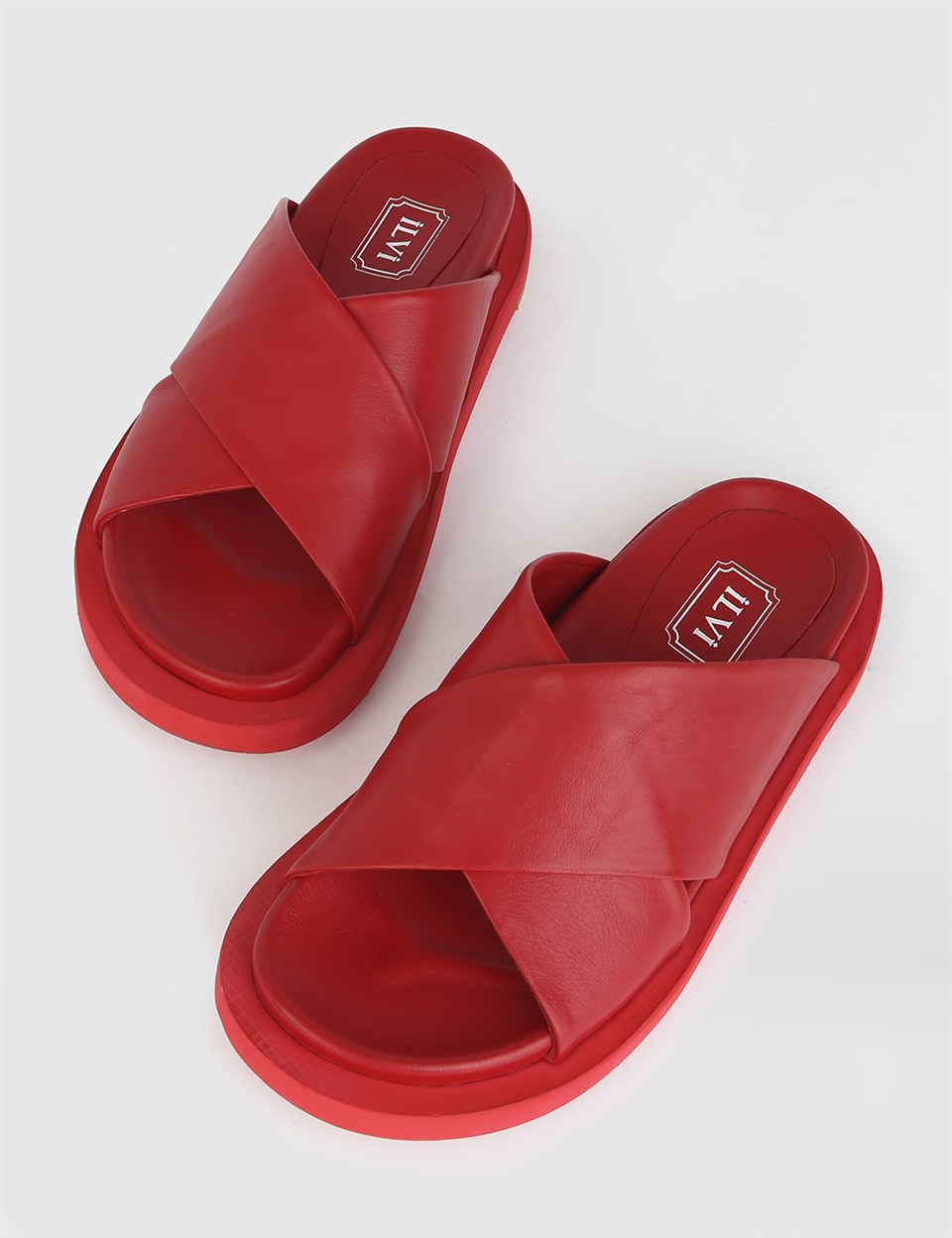 İda Red Leather Women's Slide - İLVİ