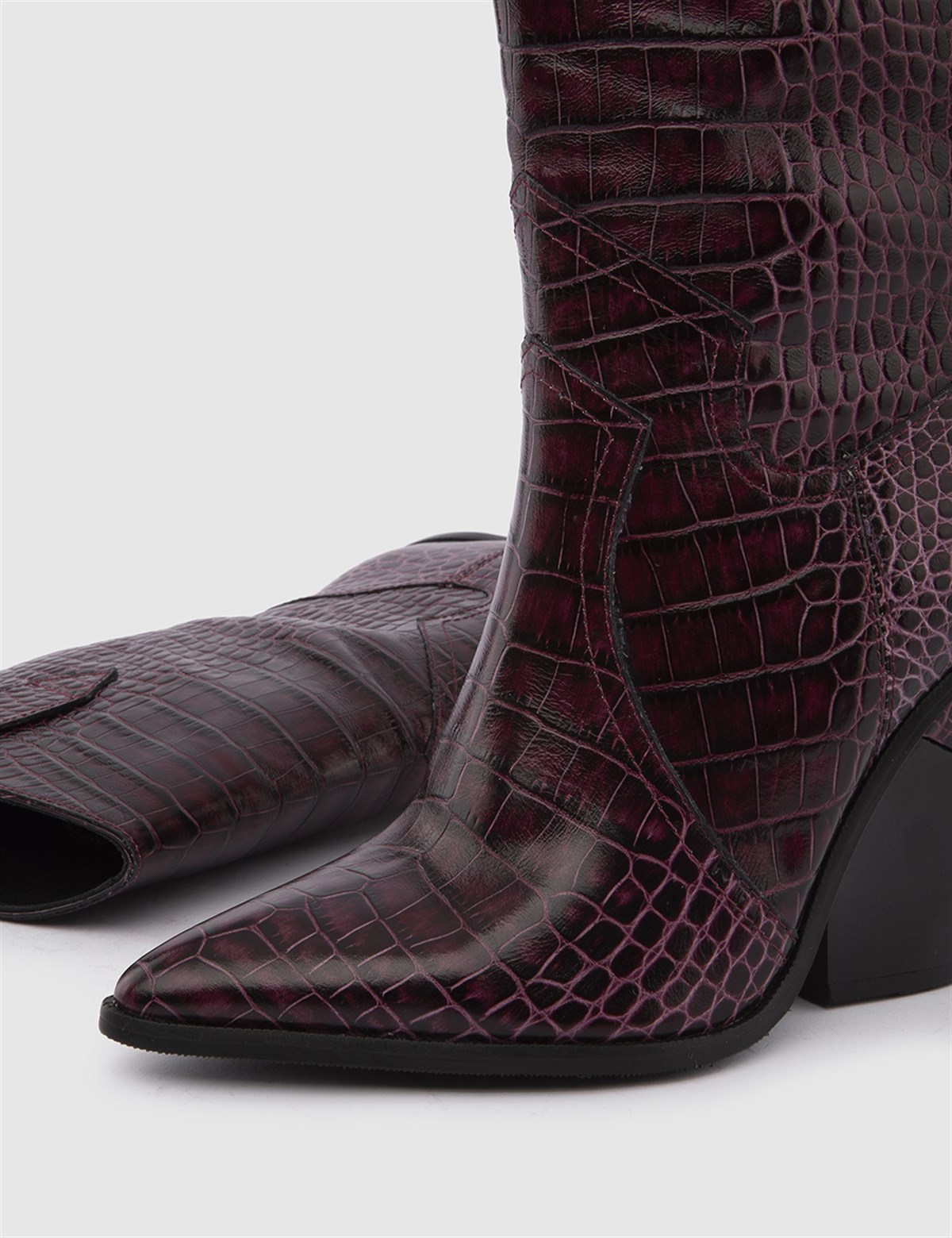 Misha Burgundy Crocodile Leather Women's Heeled Boot - İLVİ