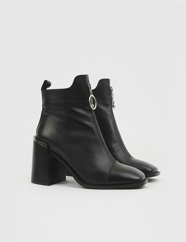 Celeste Black Leather Women's Heeled Boot